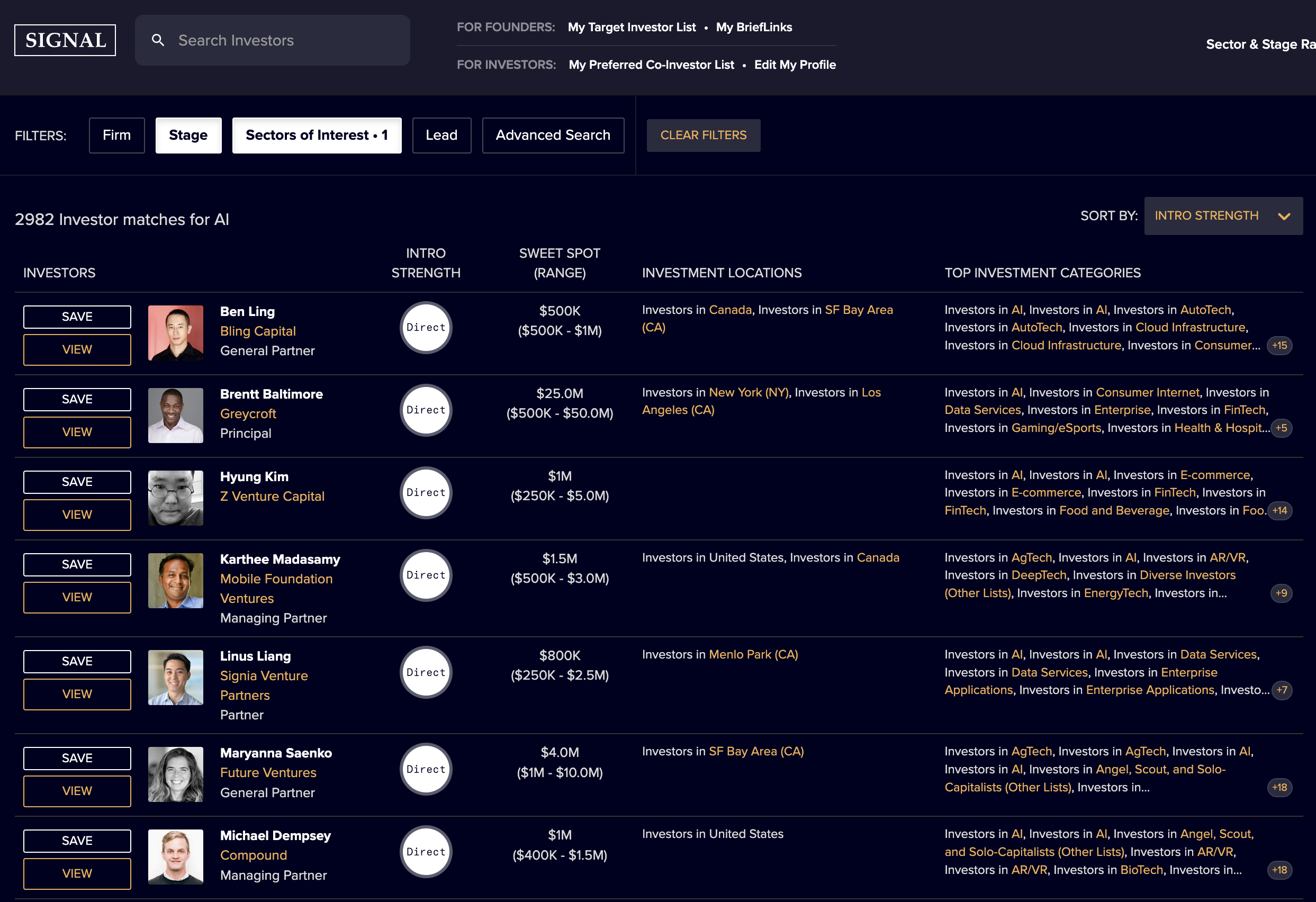 Signal에서 AI 분야의 시리즈 A에 투자하는 VC를 필터 한 화면