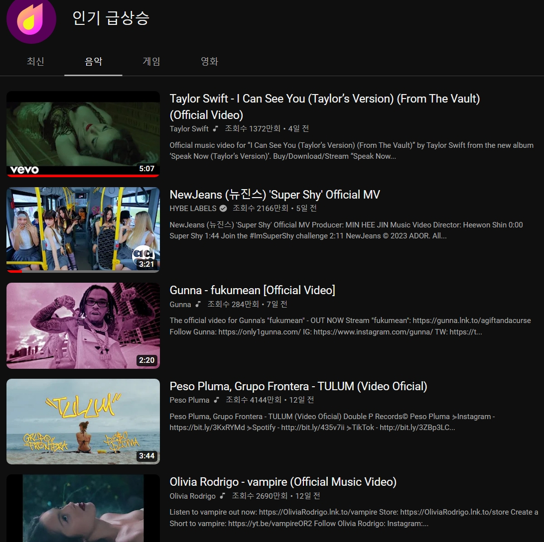 유튜브 미국 기준, 인기 급상승 1~5위 (07.13)