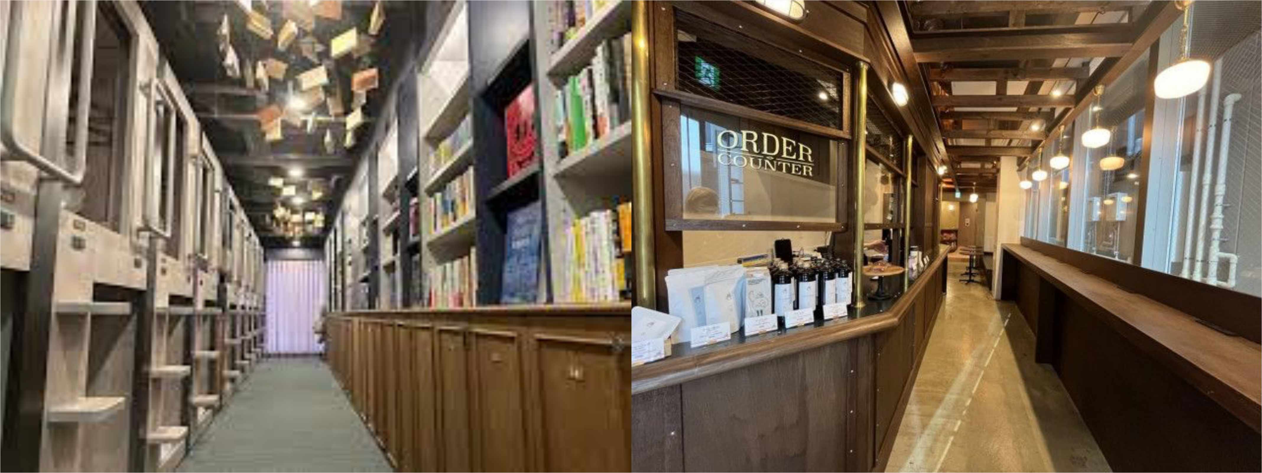 책과의 1박을 객실과(左) 개그맨 작가 '킹콩'의 니시노 씨가 대표로 있는 굴뚝에서 커피향이~ '침니 커피'에요.
