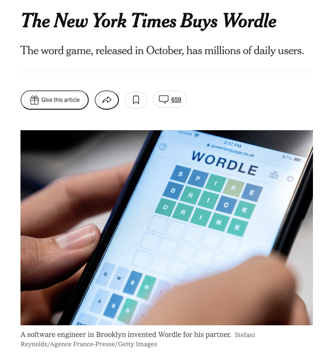 뉴욕타임즈의 wordle 인수 기사