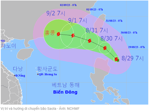 태풍 사올라의 위치와 진행 방향