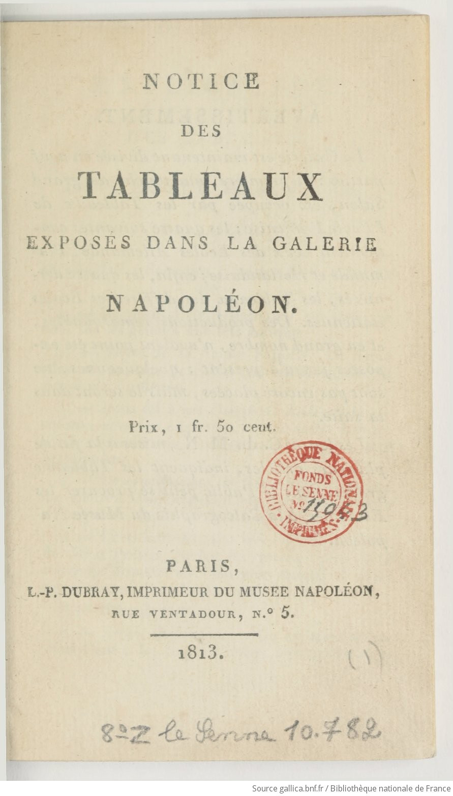 Notice des tableaux exposés dans la galerie Napoléon (출처: Gallica.bnf)