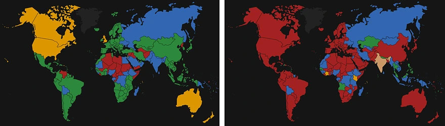 왼쪽: 싱가포르 사람들이 무비자 방문할 수 있는 곳들. 오른쪽: 인도인들이 무비자 방문 가능한 곳들