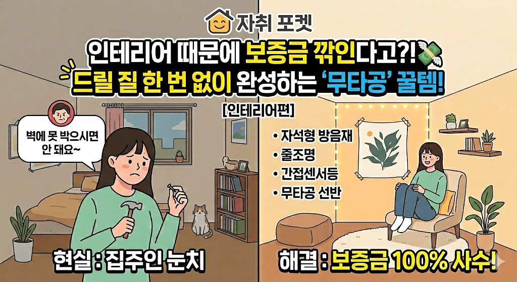 [자취 포켓] 인테리어 때문에 보증금이 깎인다고?! 💸 그럴 일 절대 없는 '무타공' 꿀템 !의 썸네일 이미지