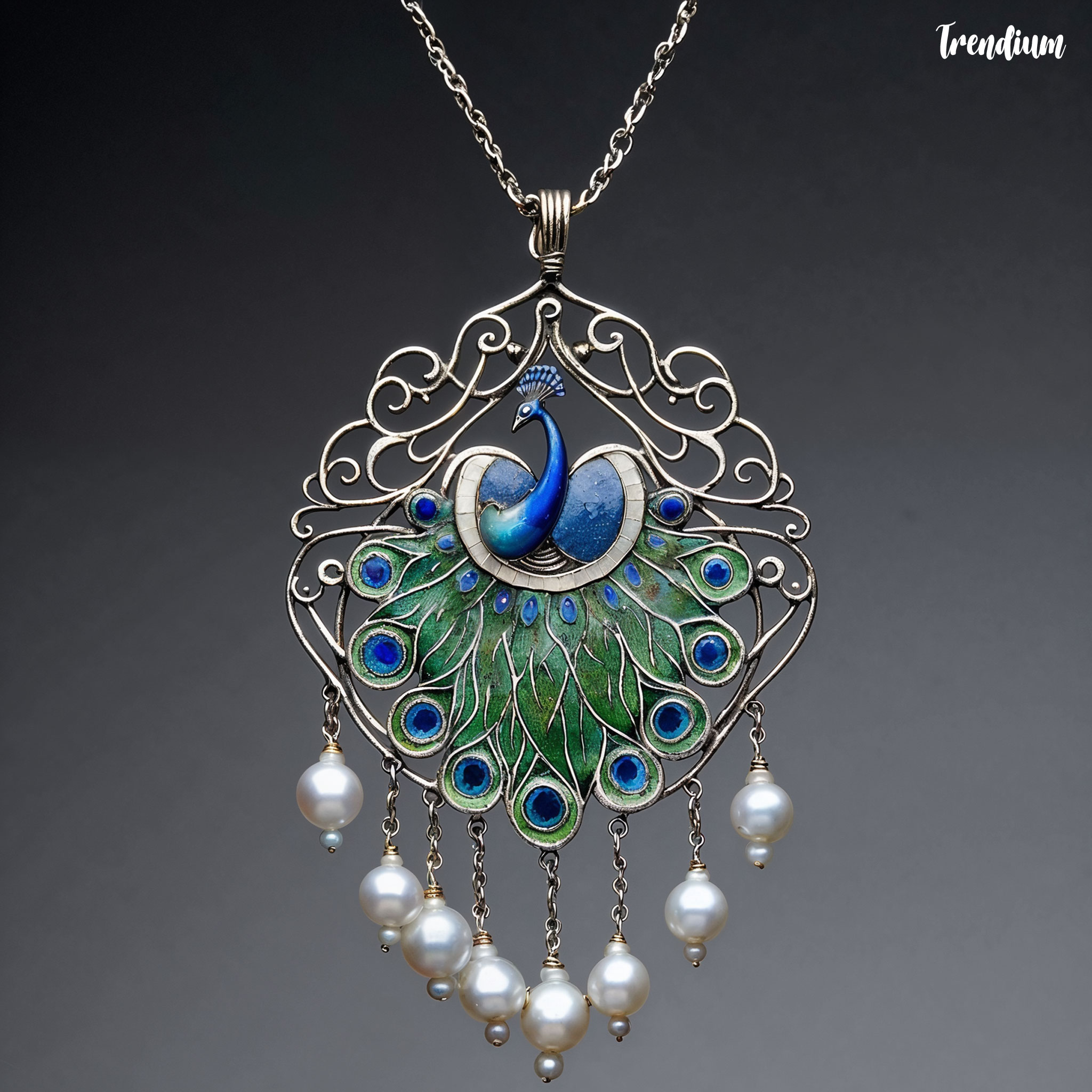 [prompt] A romantic pendant with a stylized peacock, silver wirework, blue and green enamel, and dangling pearls, Arts and Crafts movement