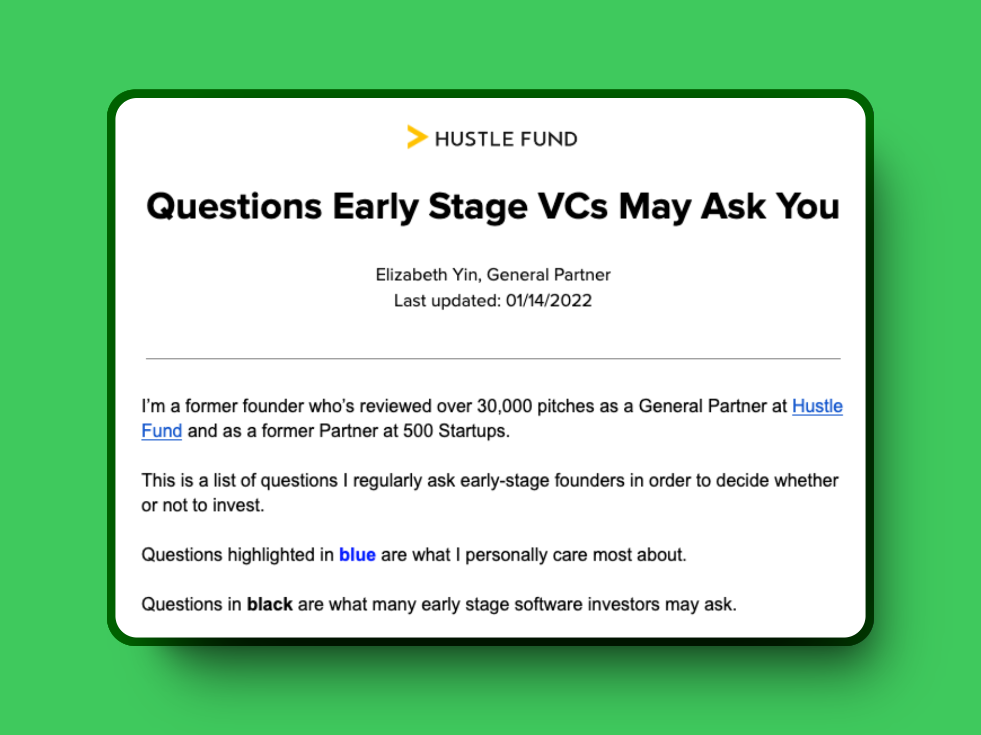 VC Questions, Source: Hustle Fund