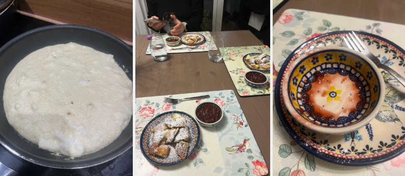 반죽을 팬에 올려 인내심 있게 기다렸다가 양면이 조금 익으면 포크로 잘게 잘게 찢어주어 조금 더 구워내면 완성. 거기에 파우더 설탕을 솔솔 뿌리고 자두 콤포트에 한 입 딱 먹으면 흐으으응