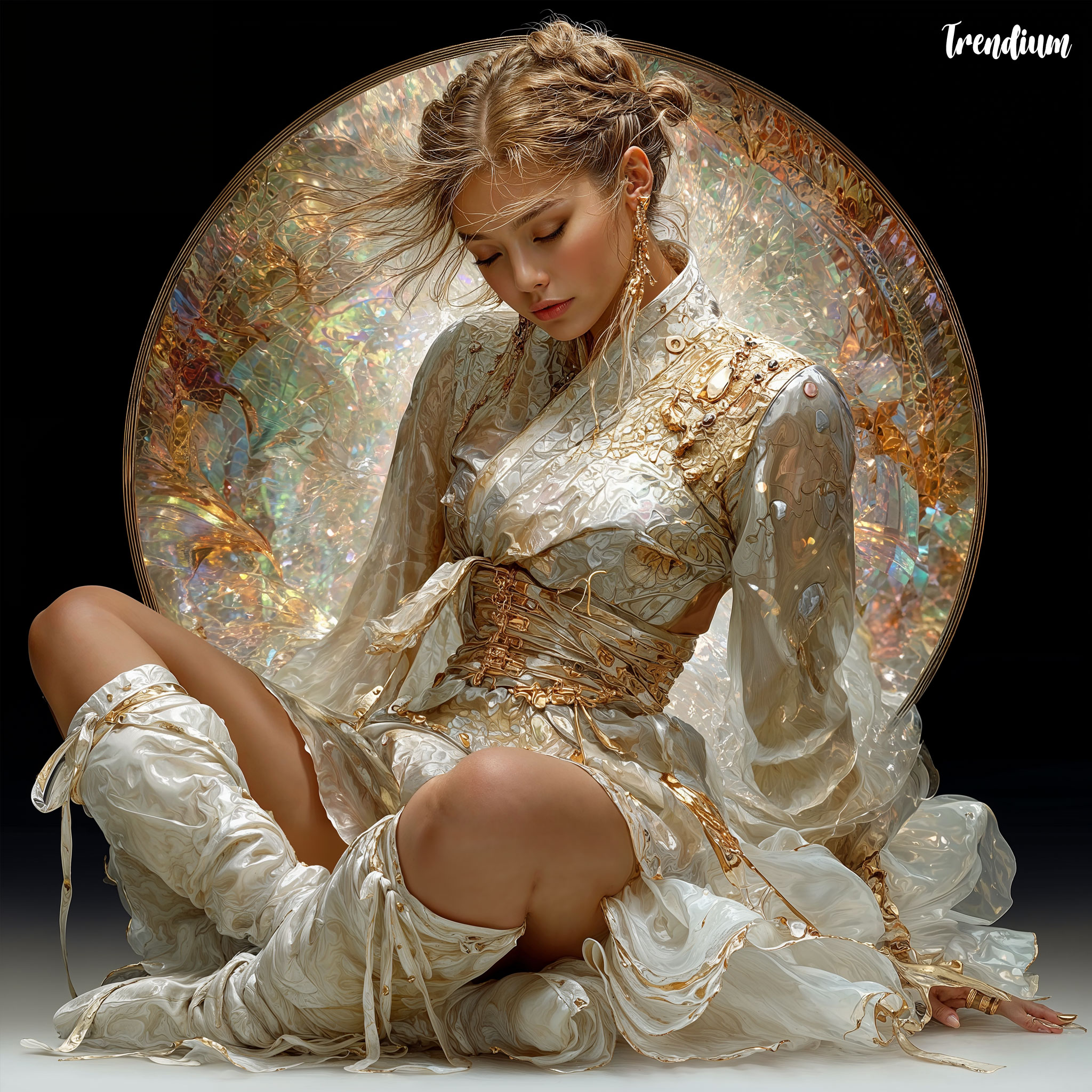 [prompt] iridescent hanbok inspired by mother-of-pearl, traditional-modern fusion. A K-pop idol styled like a mother-of-pear muse, elaborate stage outfit with symbolism, glowing light, flowing hair, and expressive eyes --v 7 --stylize 700