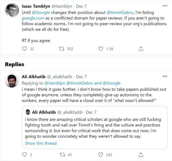 구글이 내부적으로 논문을 검토하는데 이미 편향적이라면, 어떤 논문들은 이미 구글 내에서 거부되었는가? 에 대한 의문을 AI 관련 학자들이 제기했어. 이에 따라 구글의 논문을 검토(Peer review) 해주는 많은 학자들이 앞으로 구글의 논문을 검토하지 않겠다는 의견을 내놓은 상황. 