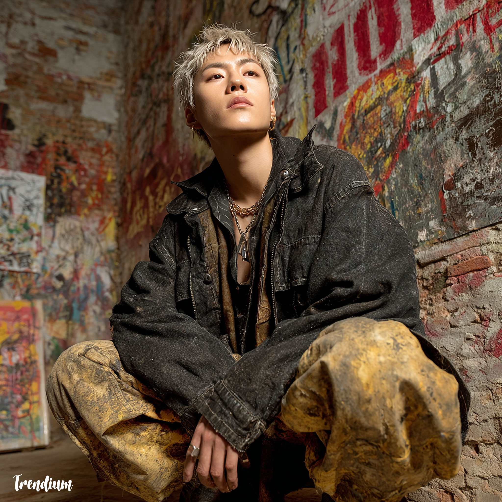 [prompt] fashion editorial in an old warehouse near Mullae, with exposed bricks, welding sparks, and a spontaneous live painting happening in the background, beatnik x Korean urban art fusion --stylize 500