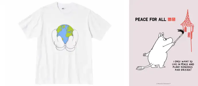 'peace for all' 프로젝트에 참여한 아티스트 kaws의 티셔츠와 무민도 함께했던 캠페인 포스터.