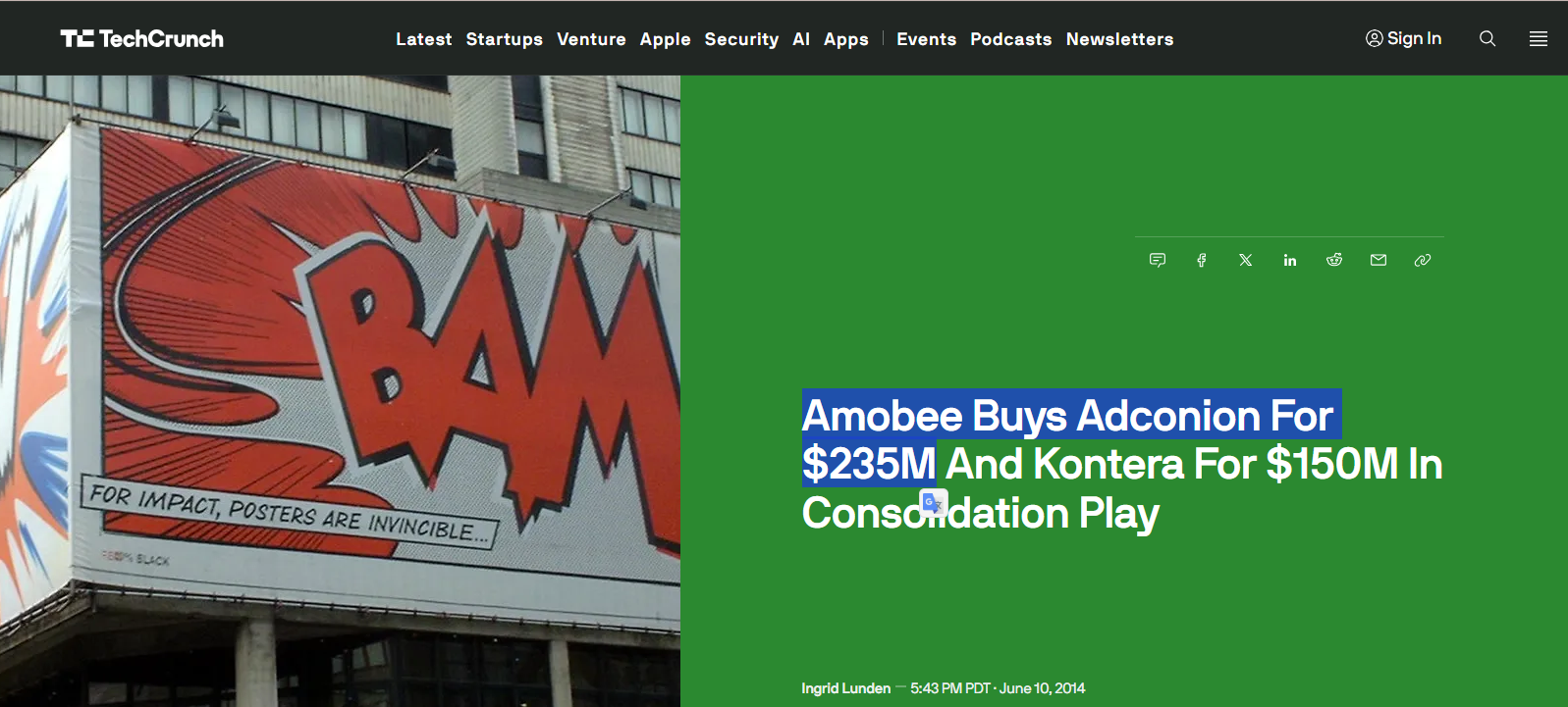 TechCrunch - Amobee Buys Adconion For $235M