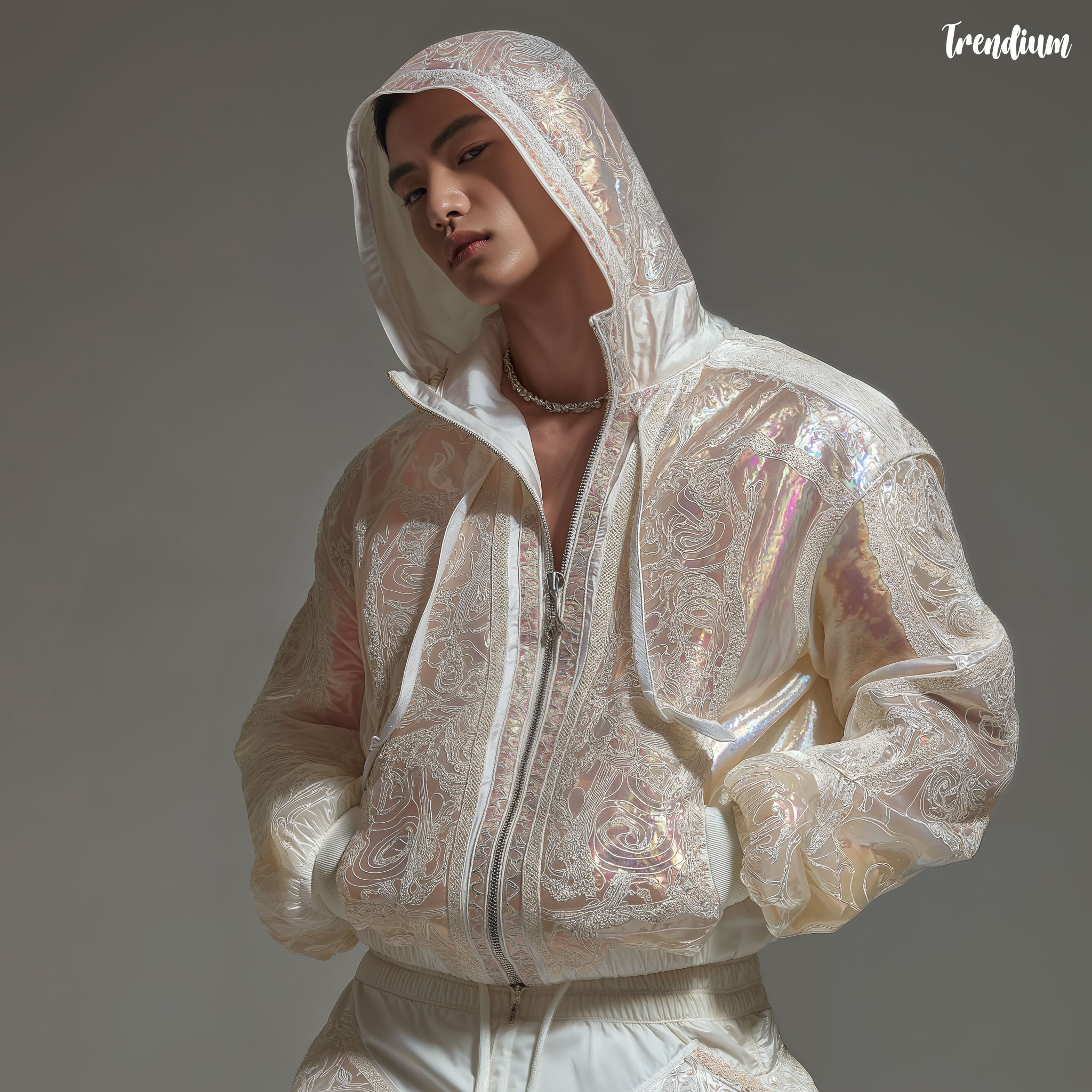 [prompt] Korean male model in a white hooded zip-up jacket fully decorated with intricate Korean mother-of-pearl (najeon-chilgi) inlay patterns, using high-quality polished nacre material with realistic pearlescent textures and fine shimmering details, bright ivory and subtle pastel rainbow tones, delicate tiger and bird motifs, slightly raised handcrafted inlay look, futuristic minimalist accents, stylish K-drama aesthetic, posing confidently in a premium fashion magazine pictorial, dramatic cinematic lighting, luxurious modern streetwear vibe --v 7 --stylize 200