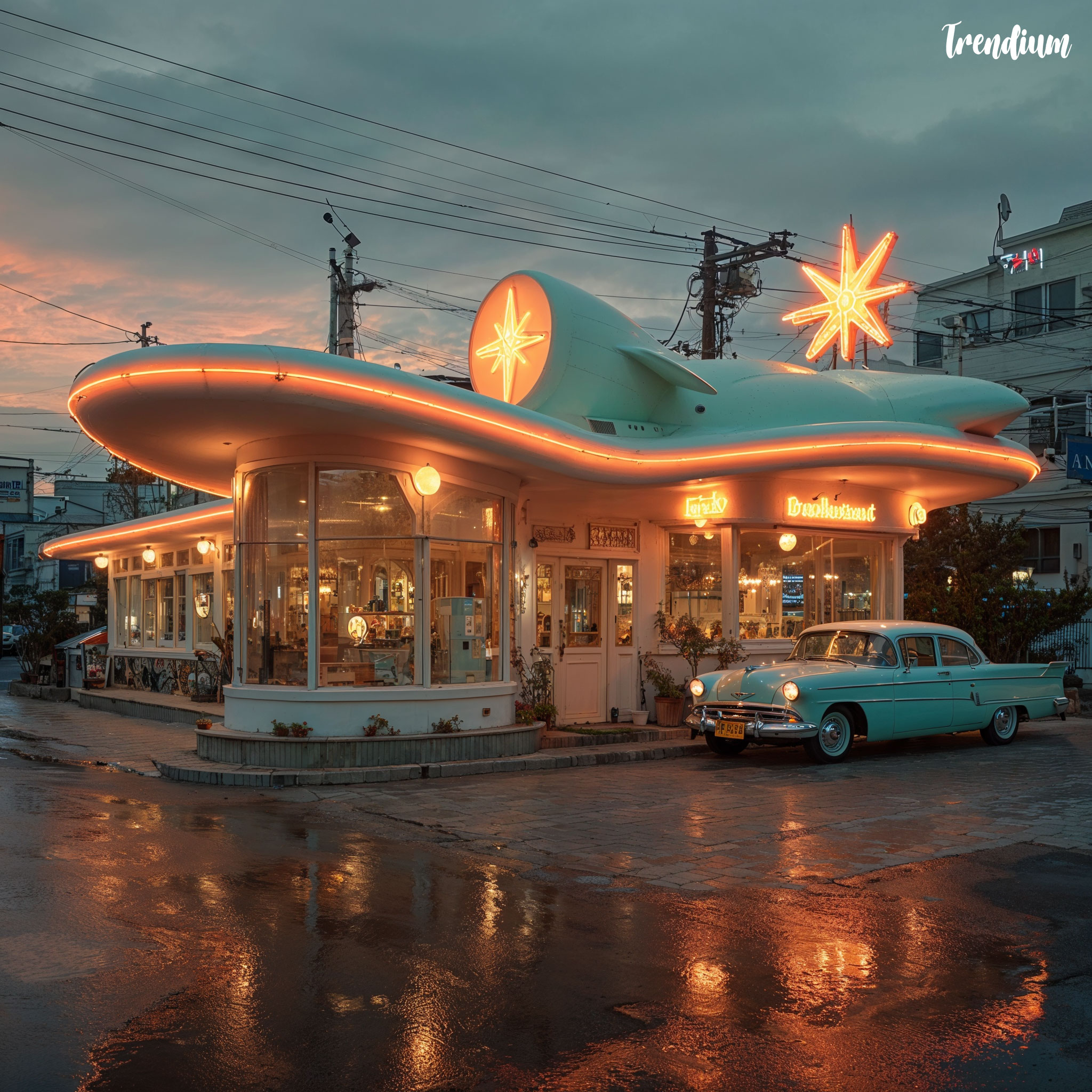 [prompt] googie style building in Seoul, rocket-shaped roof, neon starburst signs, mid-century futurism, dusk lighting --v 7 --stylize 500