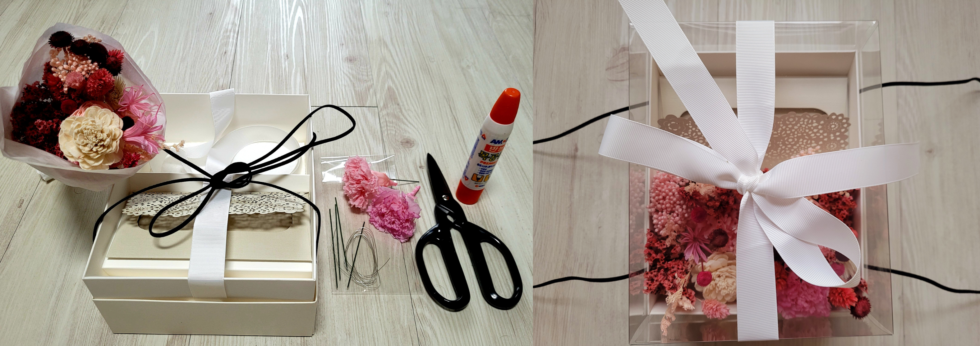 왼쪽의 재료로 오른쪽의 용돈 꽃바구니 완성