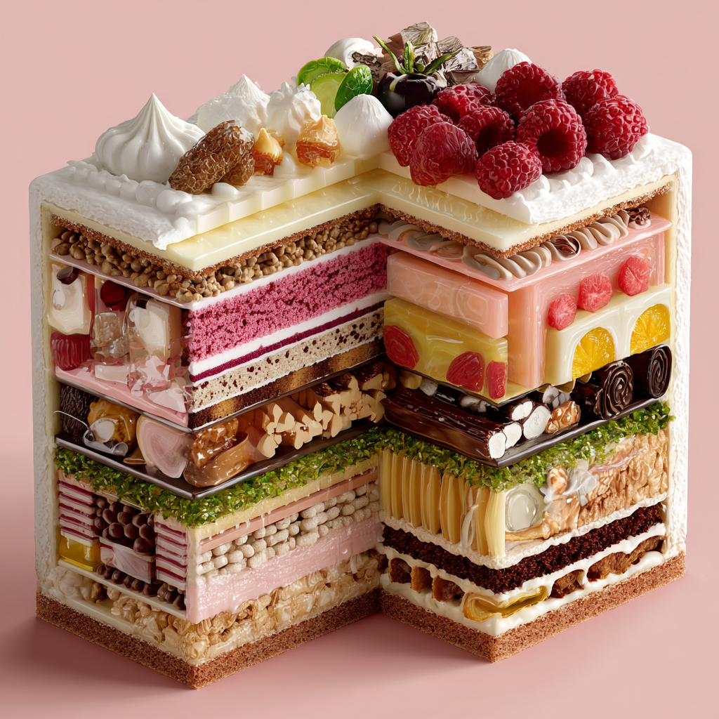 Cutaway view of a cake, toy-style --ar 1:1