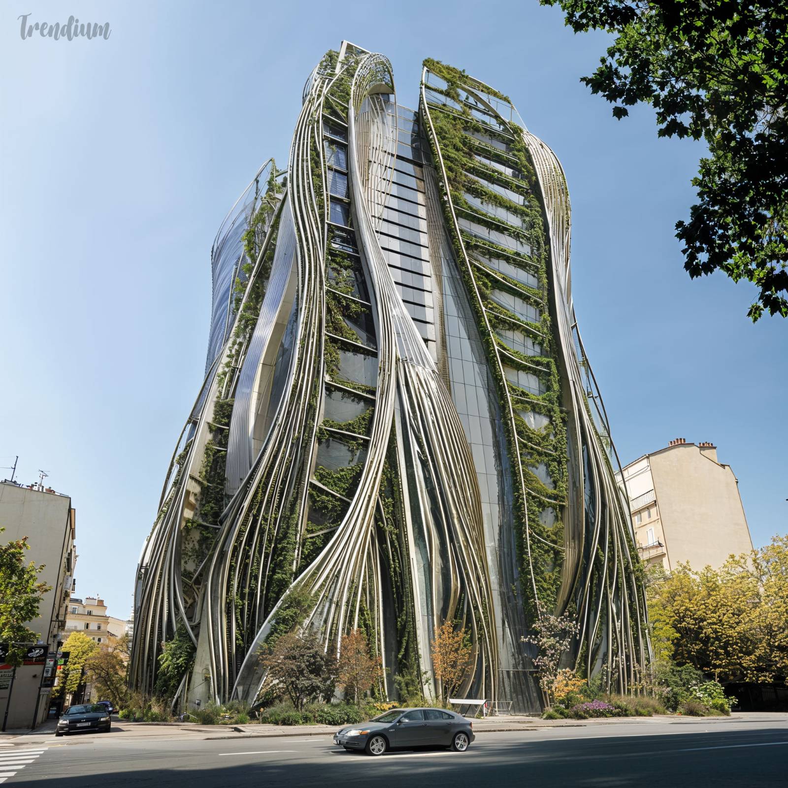 [prompt] Futuristic skyscraper that has been influenced by Hector Guimard's Art Nouveau architecture, which features flowing organic curves, intricate iron structures that resemble vines, and large, arched windows. The exterior is decorated with nature-inspired motifs such as flowers and leaves, combined with modern materials such as glass and metal. The building combines futuristic design and elegance to integrate natural forms and cutting-edge technology, and is set in a vibrant.