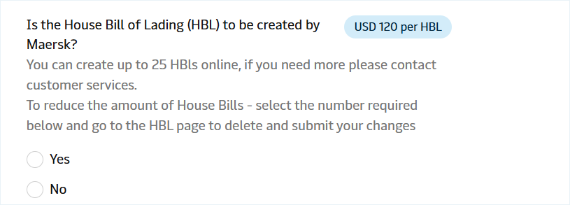 Maersk에 대행 요청은 Yes, 고객 자체 파일링은 No 를 선택