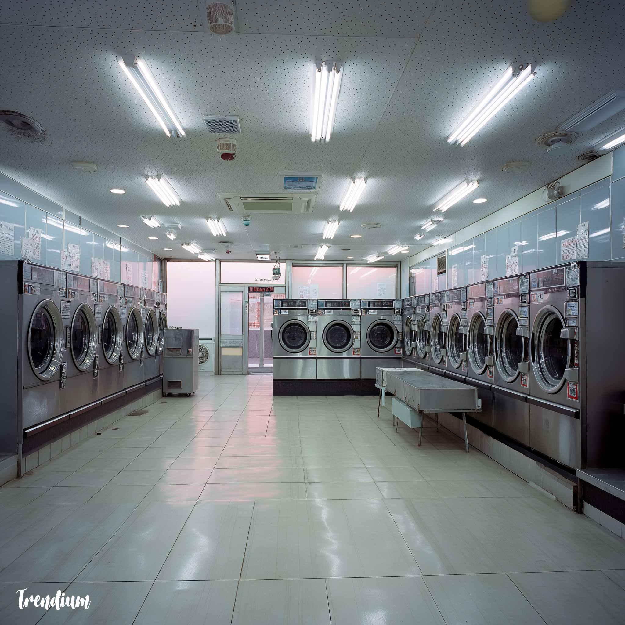 [prompt] Korean coin laundry in daytime, empty but brightly lit, spinning washing machines, silent fluorescent lights, clean tiled floors, no people, liminal suburban space, oddly peaceful --v 7