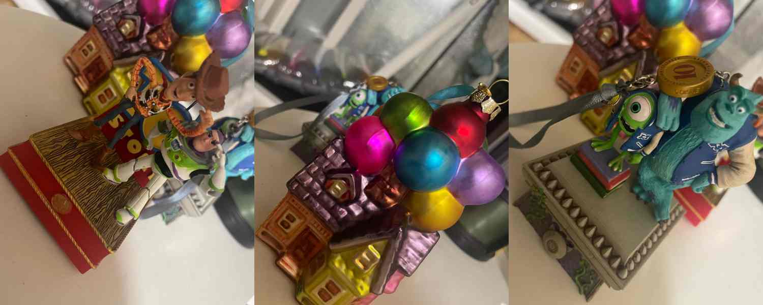 이번에 홍콩 디즈니랜드에서 사온 오너먼트들. 맨 왼쪽 토이스토리는 멍청하게 제가 끈을 잘랐지 뭐예요 ㅠㅠ 가운데는 '업'의 풍선집이고, 맨 오른쪽은 '몬스터 주식회사' 10주년 기념 오너먼트입니다.