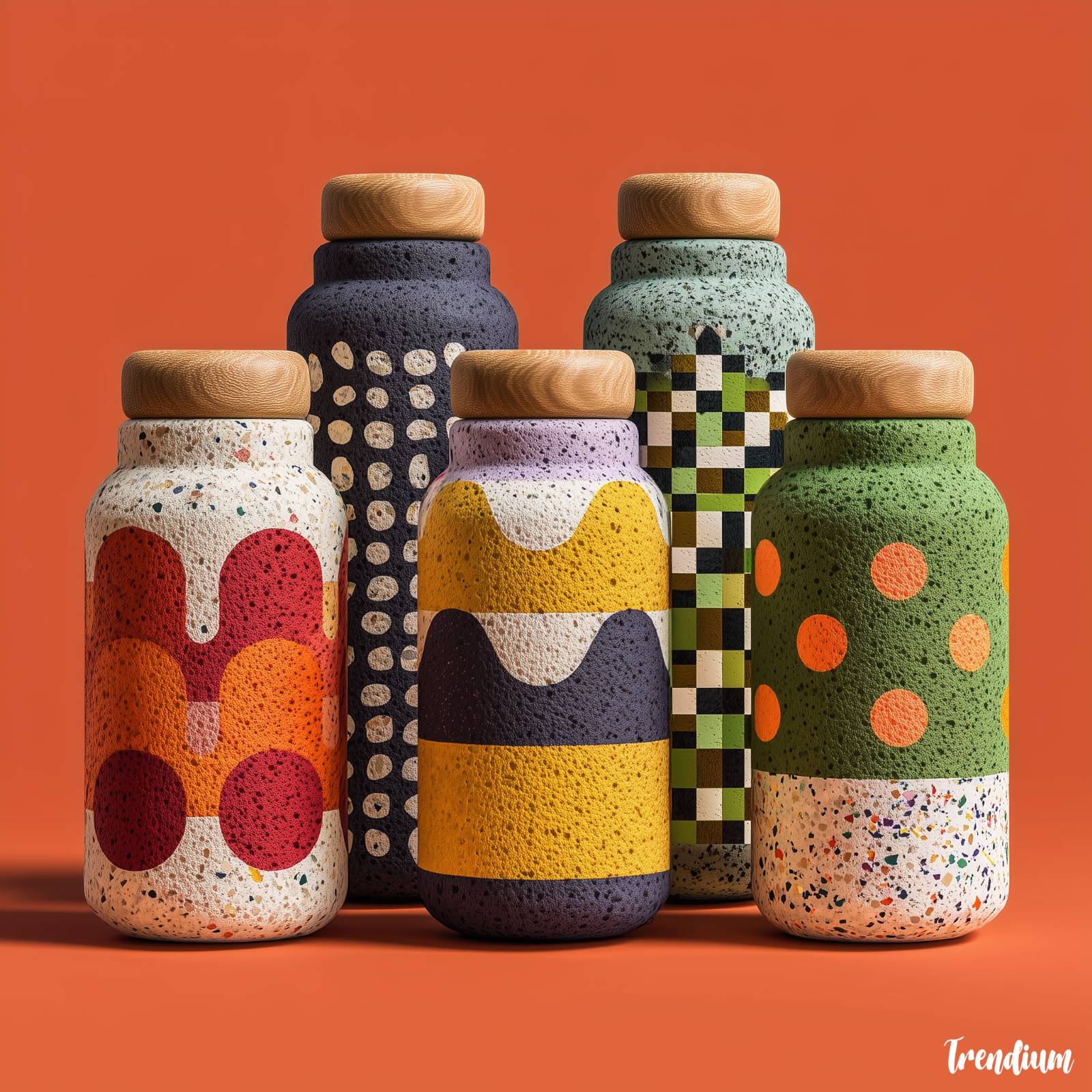 [prompt] memphis group inspired cosmetic packaging, squiggle and checkerboard pattern, vibrant color scheme, toy-like plastic bottle shapes, terrazzo pattern caps, kitsch and playful branding --v 7 --stylize 350