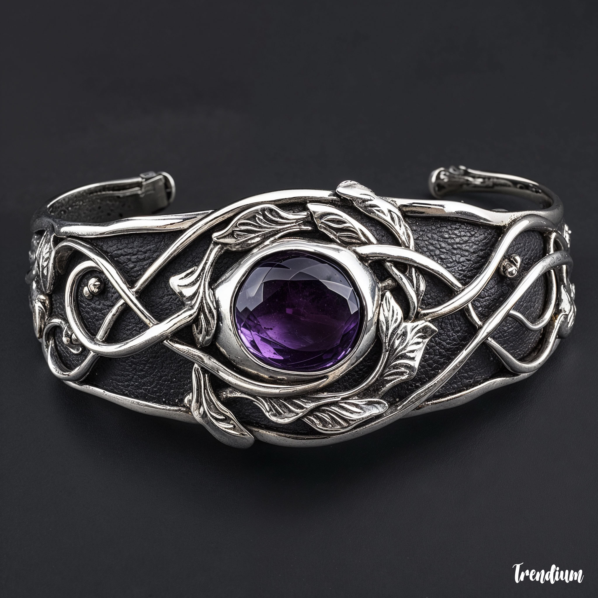 [prompt] Ashbee-inspired silver belt buckle, featuring intertwined vines, hammered surface, and a central amethyst stone