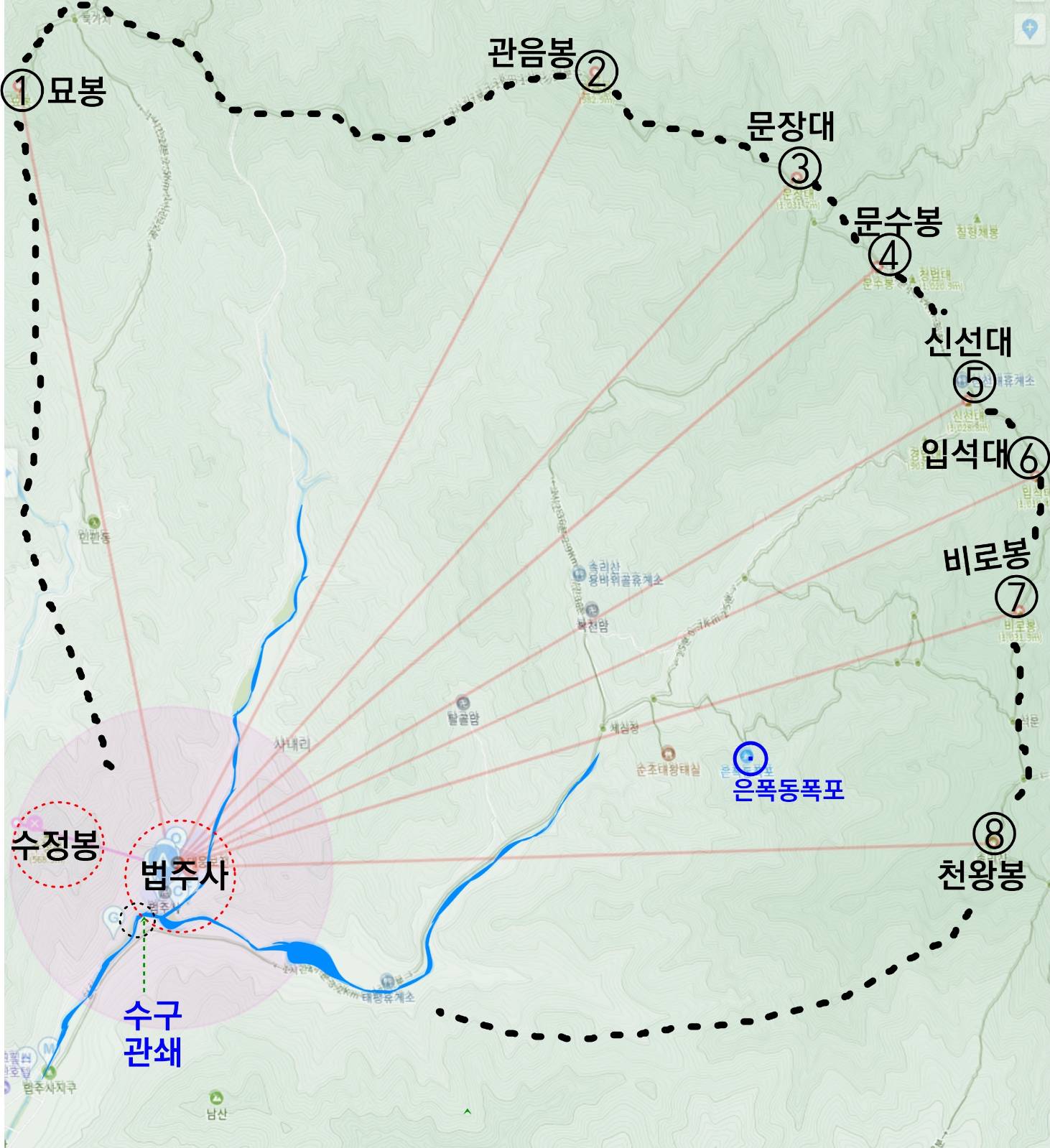 속리산 법주사의 풍수 형상(8개의 내맥이 수정봉과 법주사를 향하고 수구처의 관쇄가 명료함)