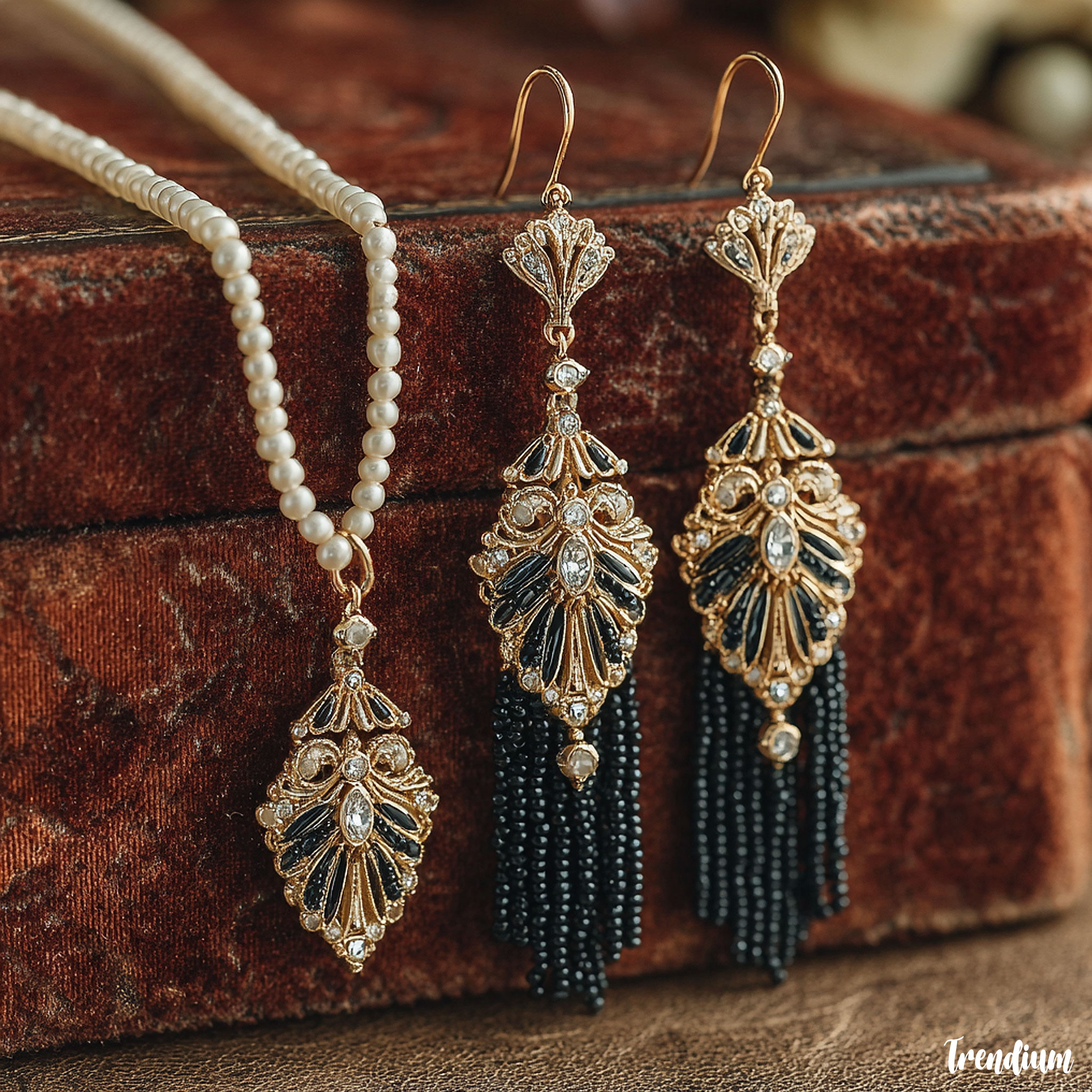 [prompt] 1920s flapper-inspired jewelry set, long pearl necklace, beaded drop earrings, gold and black Art Deco motif, displayed on velvet background --v 7 --stylize 500