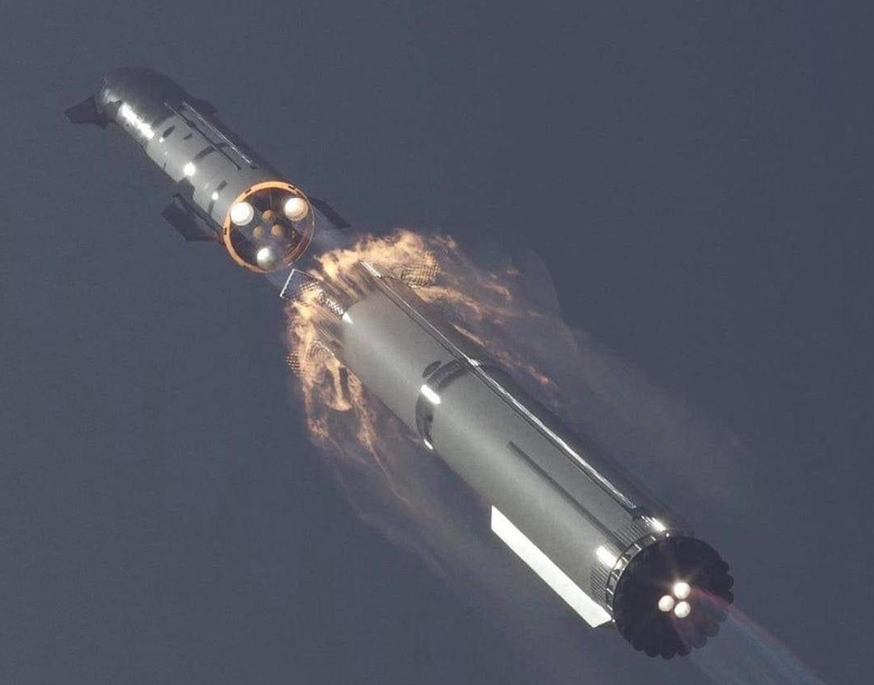 1차 로켓의 엔진이 부분적으로 꺼지고 2차 로켓과 분리되는 성공적으로 모습입니다. 목표는 1차 로켓이 Falcon 9과 같이 착륙하는 것이었지만 아쉽게도 착륙전에 폭발하였습니다. 엔진자체가 Falcon 9의 Merlin과 다른 Raptor이고 분리과정에서 2차 로켓으로부터의 강한 열과 압력을 견뎌야하다보니 아직 변수가 존재하지만 어쨋든 Hot staging을 역사상 최초로 성공한 케이스인만큼 큰 의미를 가집니다.