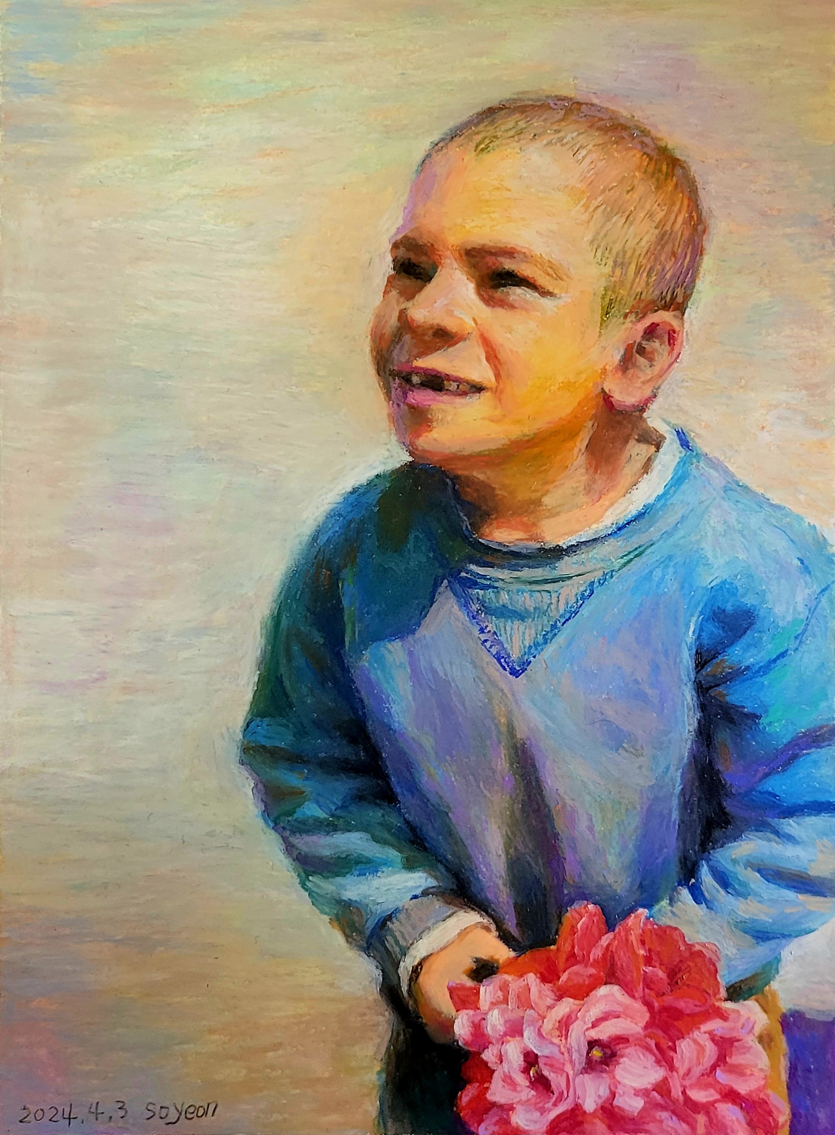 최소연, '꽃 파는 아이', 종이에 오일파스텔, 2024_최소연 제공