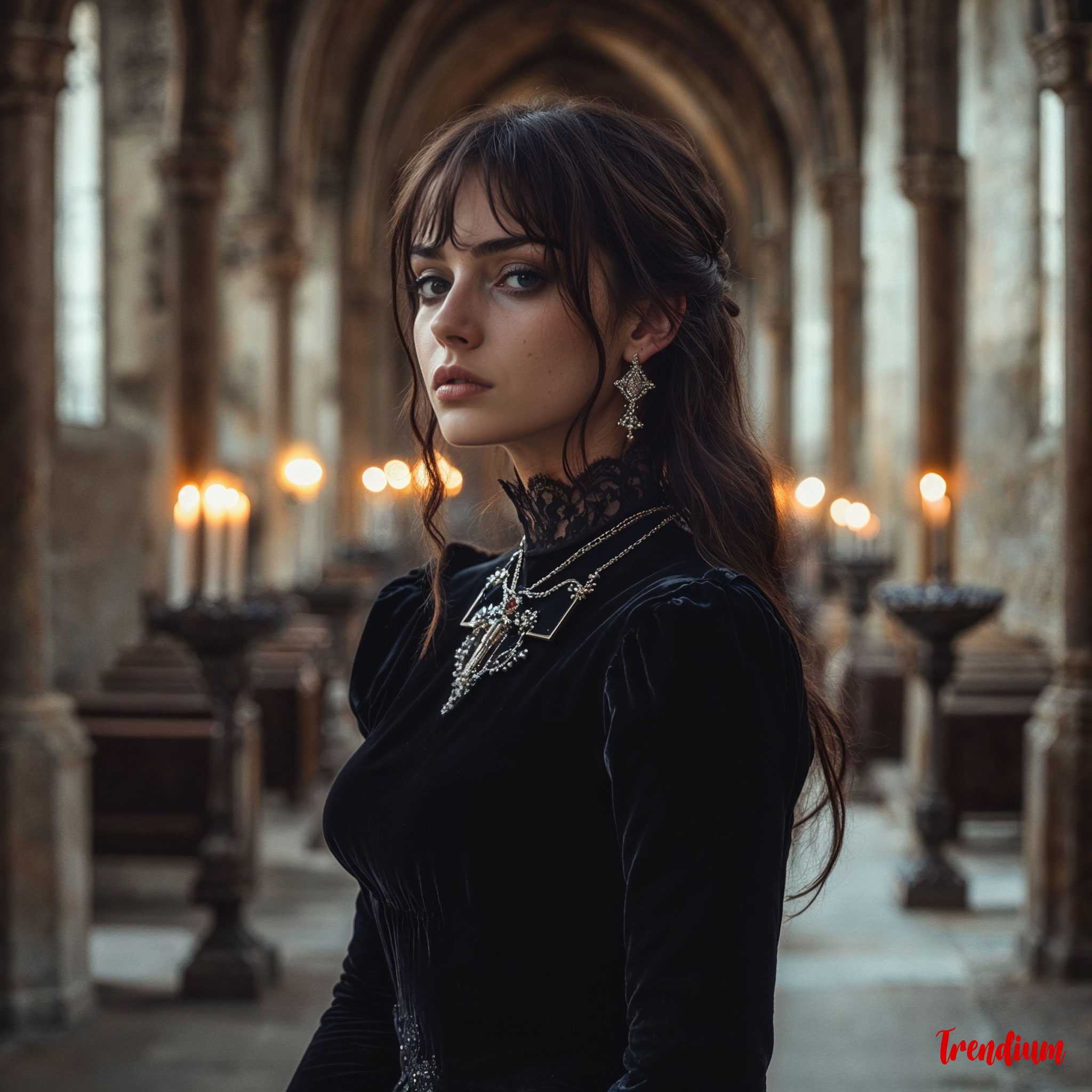 [prompt] a gothic girl standing in a candlelit cathedral, wearing a black velvet gown, silver jewelry, dramatic shadows, melancholic expression, gothcore style