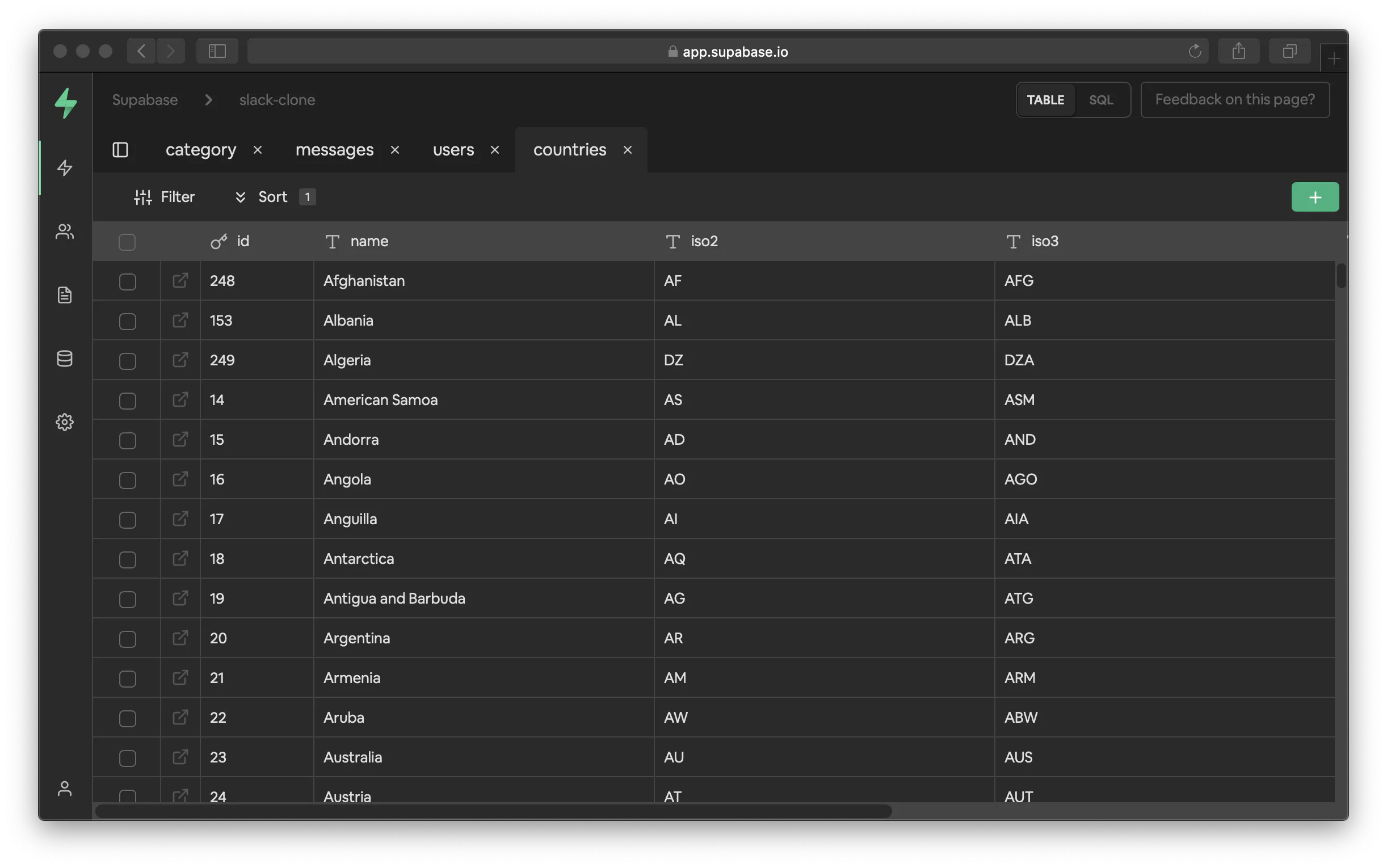 Supabase Database Table View