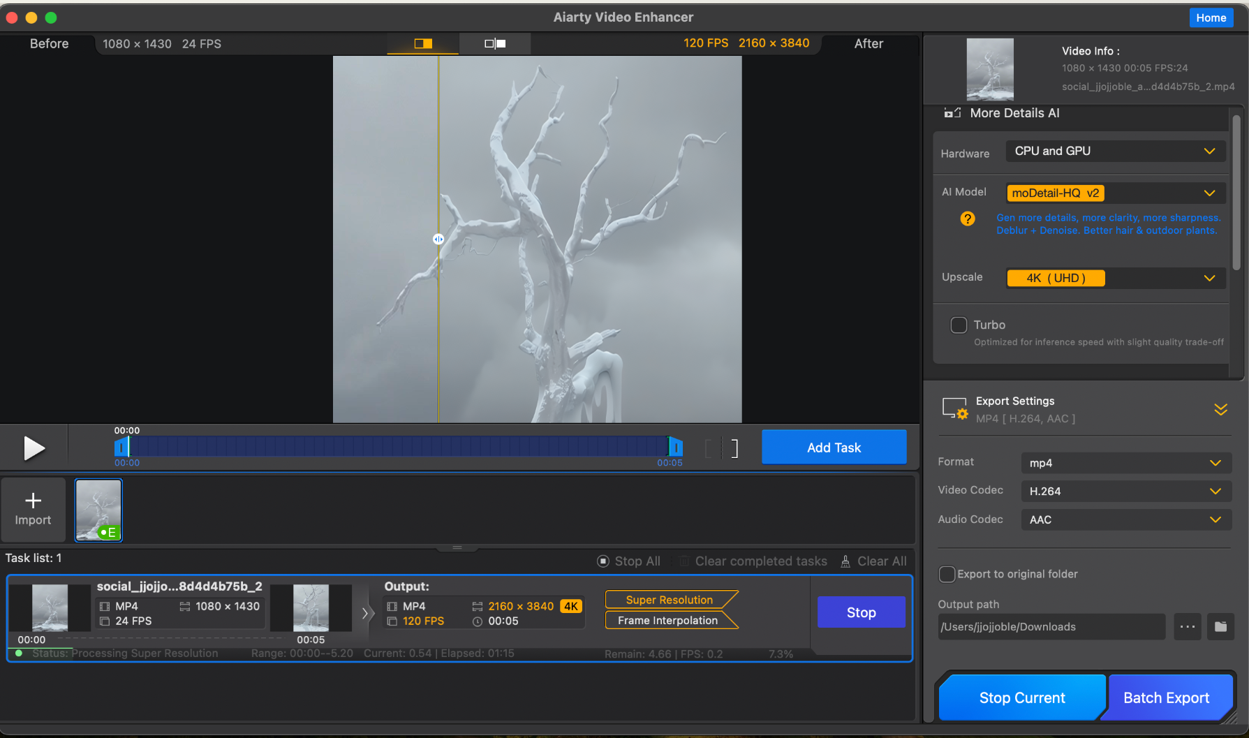 하단 활성 파란 아웃라인영역 . aiarty 업스케일 되는 과정이 보입니다. 게이지가 꽉차면 다운로드완료! 움직이지 않는다고 당황하지 말자.! 