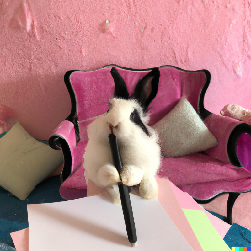 'A photo of a happy white fur rabbit A photo of a black fur rabbit writing paper in a sky blue roompaper in a pink room'명령어로 그린 달리2 그림. (사진=오픈AI)