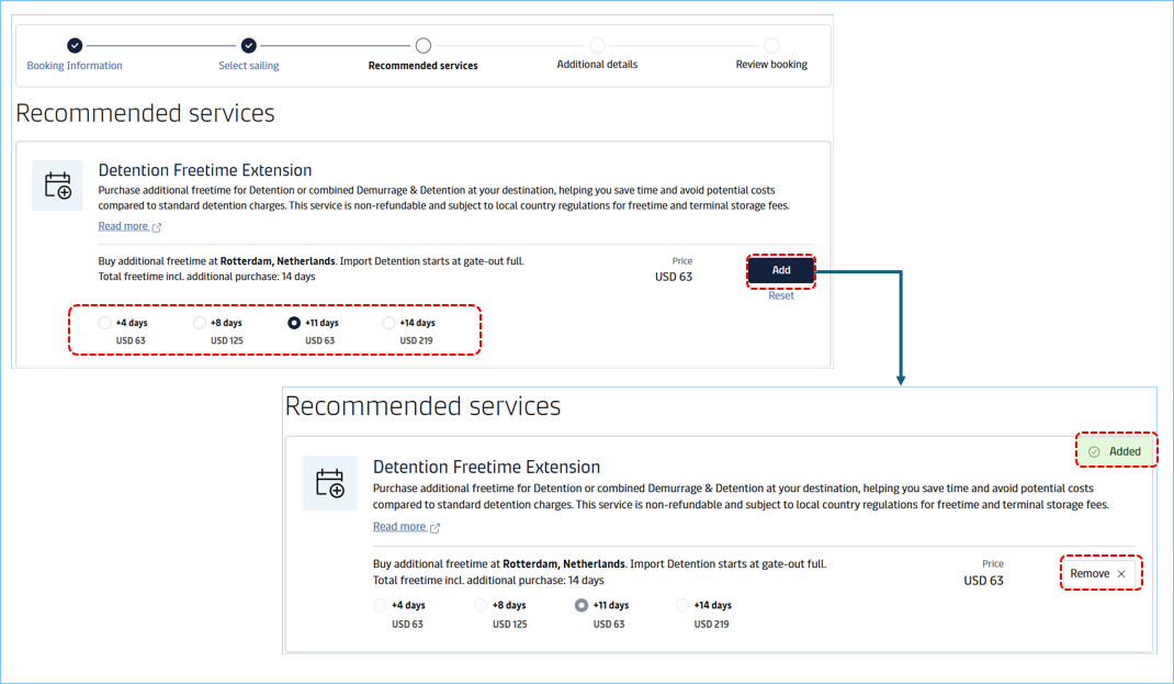 부킹 '추가 서비스' 단계에서 프리타임 연장 판매 내역을 확인 ->&nbsp; 구매 원하는 일수를 선택 -> 추가 Add 클릭 -> 상단 오른쪽 Added 표시가 있어야 구매로 이어집니다. 구매를 원하지 않으시면 Remove 를 눌러 삭제해주세요. (부킹 접수 후 구매 취소는 불가합니다. 부킹 단계에서 신중한 결정 부탁드립니다)