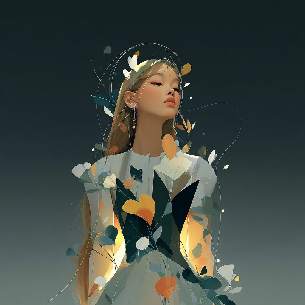 [prompt] A K-pop idol styled like a pre-raphaelite muse, elaborate stage outfit with floral symbolism, glowing light, flowing hair, and expressive eyes --sref 2008679132 --v 7 --stylize 250