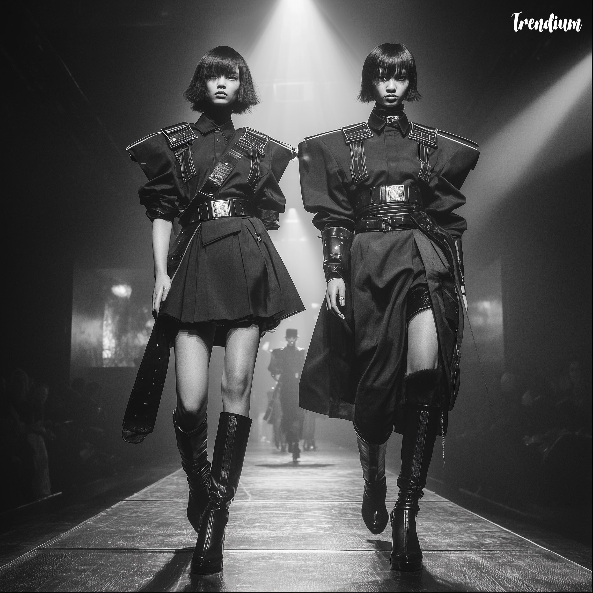 [prompt] runway fashion pictorial, group of 2 models in futuristic school uniforms with exaggerated shoulders, metallic details, bold belts, shot from overhead angle, spotlight stage lighting, Raf Simons influence --v 7