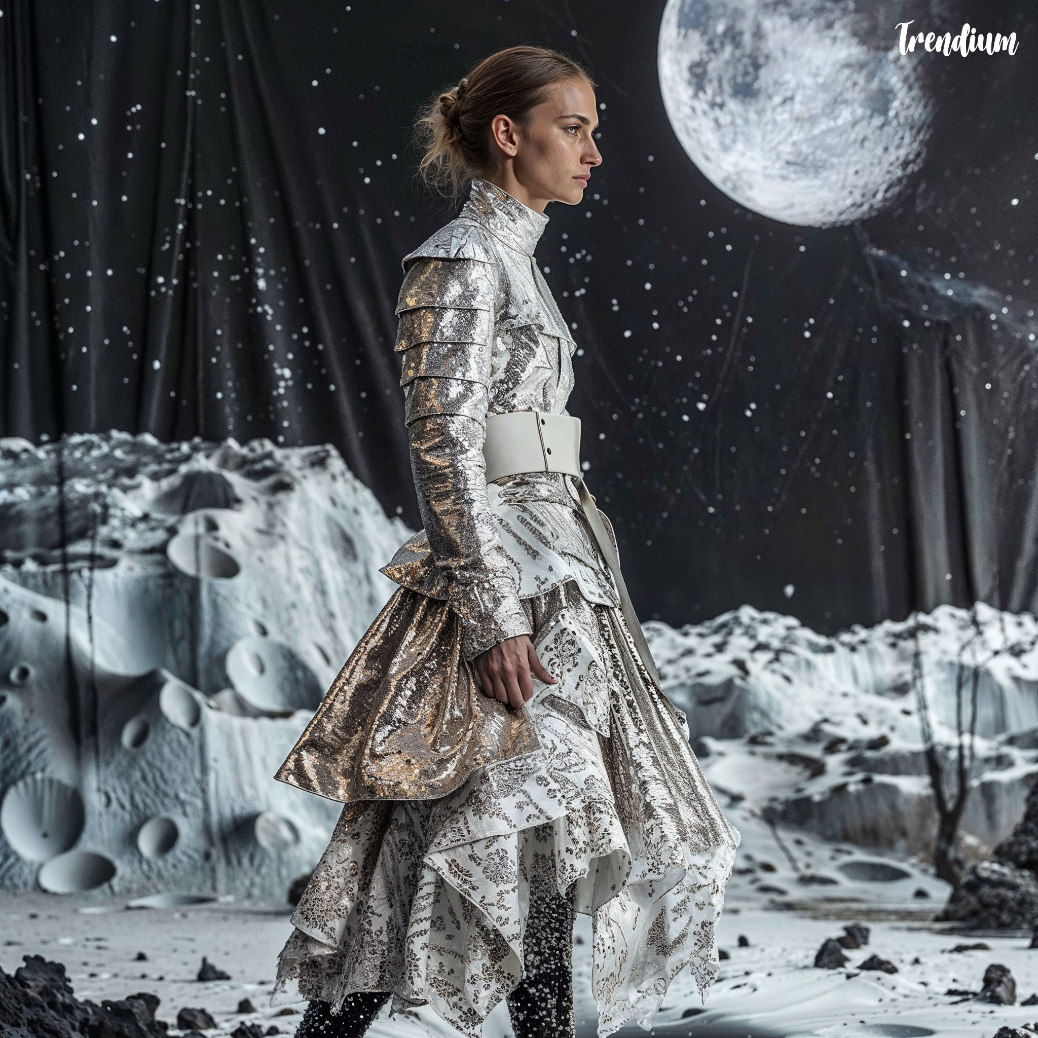 [prompt] modern fashion inspired by Sputnik satellite, metallic fabrics, structured silhouettes, cosmic patterns --v 6
