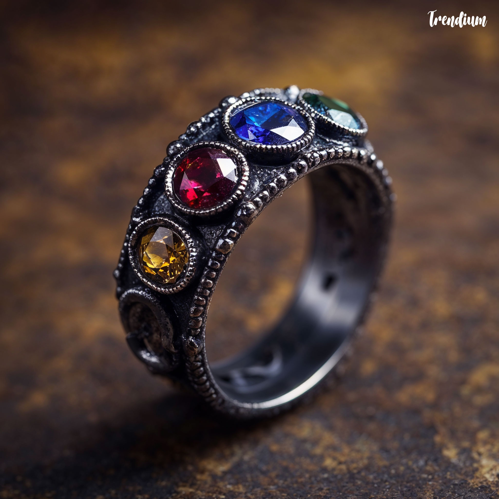 [prompt] A medieval-inspired pewter ring set with colored gemstones, featuring a handcrafted surface and practical design