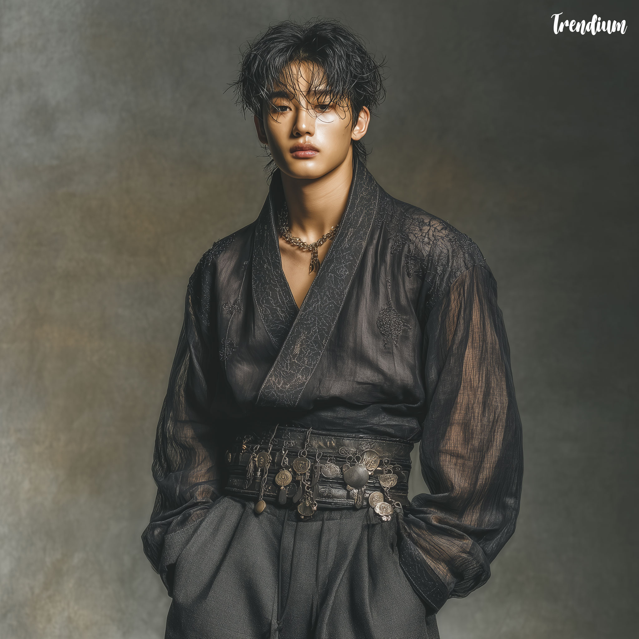 [prompt] Male idol styled in silk wrap shirt cut like jeogori, wide belt decorated with modernized norigae charms, paired with fitted trousers, Harper’s Bazaar fashion editorial, Sony A7R IV, 85mm lens, studio spotlight --style raw --v 7 --stylize 300