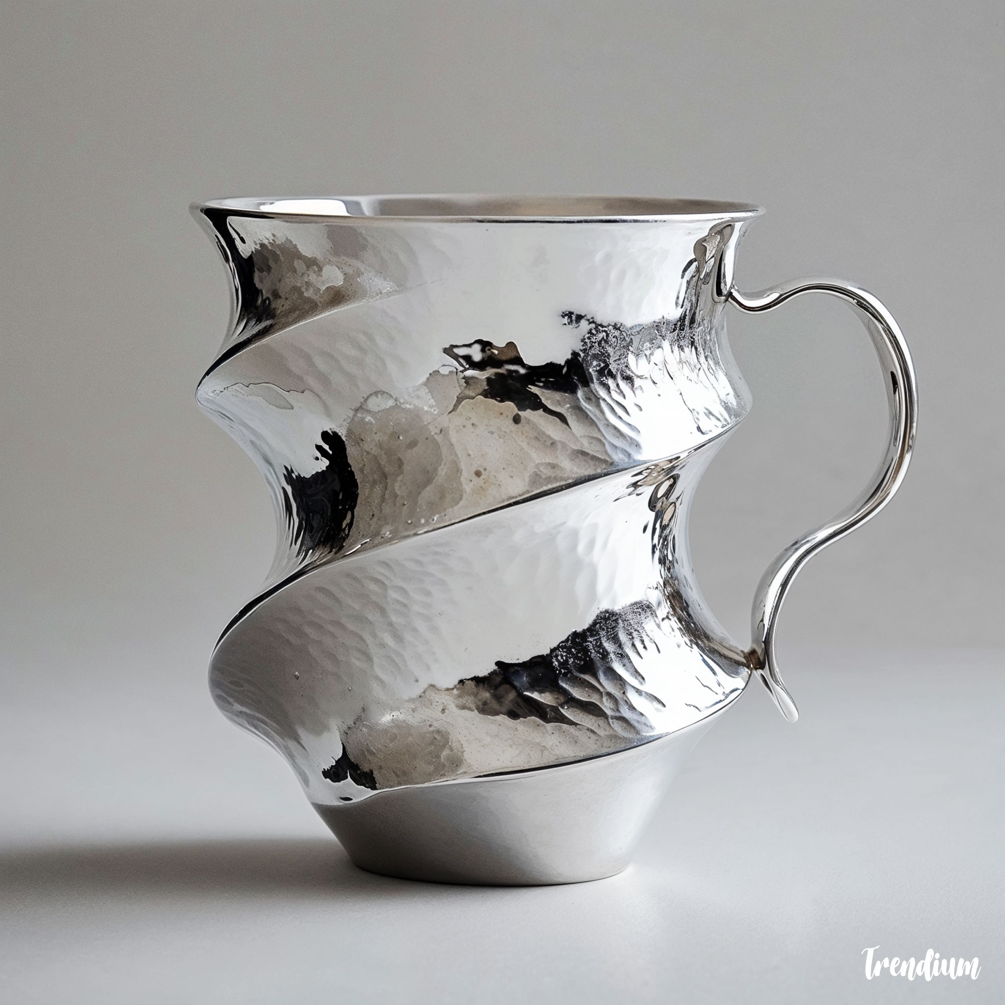 [prompt] A minimalist silver mug with nature-inspired flowing curves and hammered marks