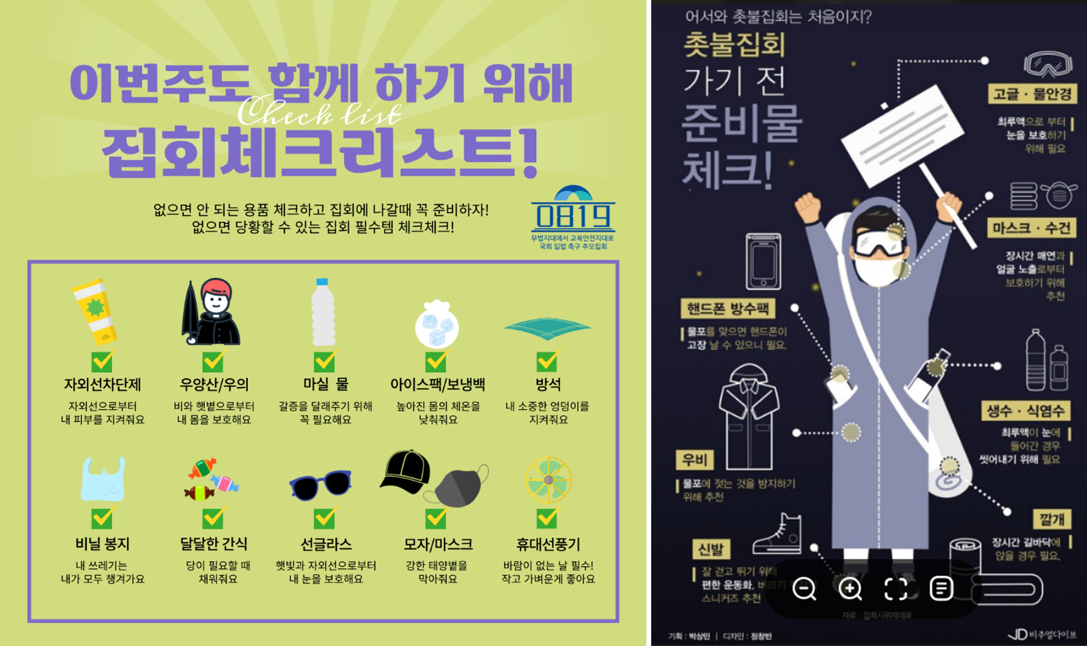 집회준비물 여름철(左), 겨울철(右) ⓒ비주얼다이브