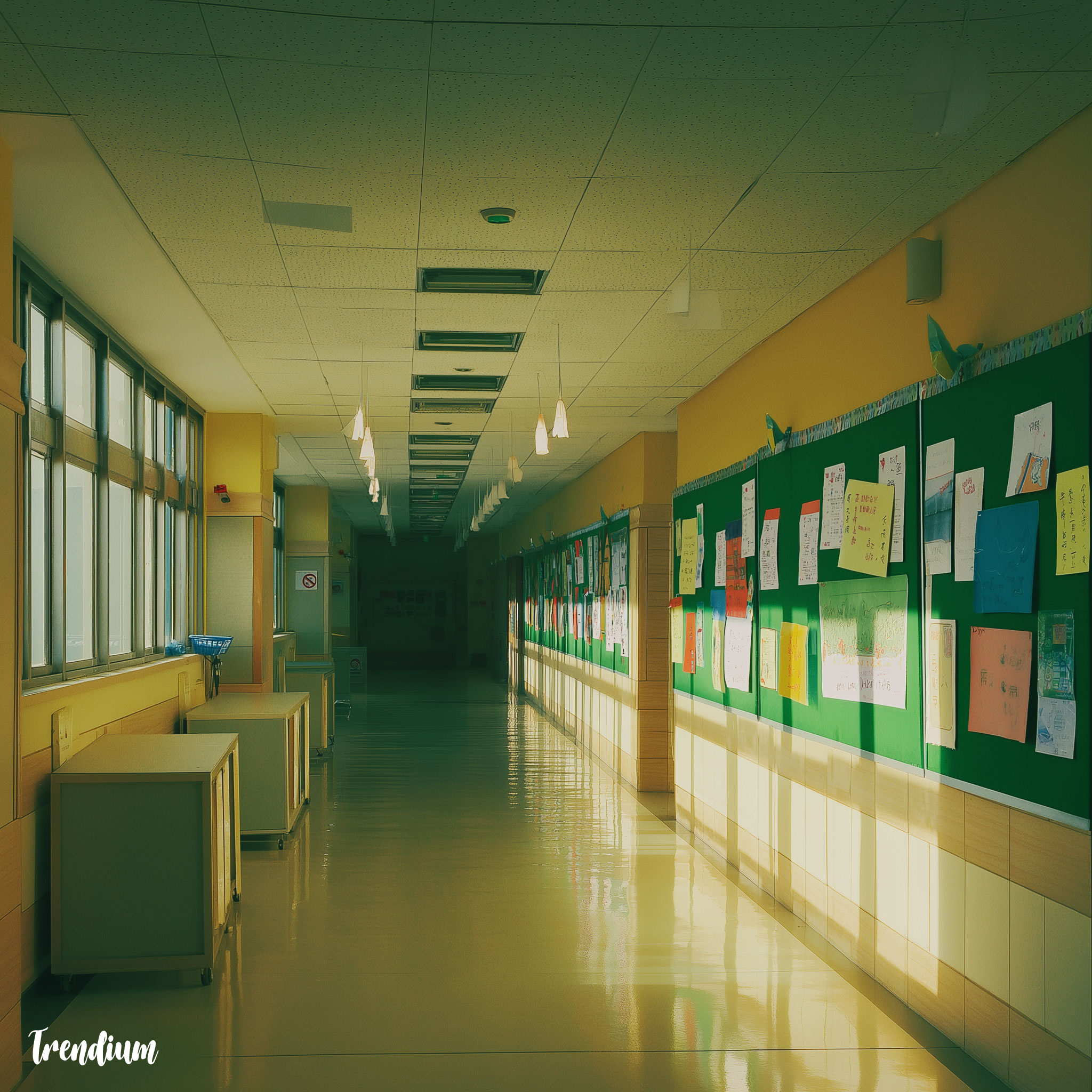 [prompt] Korean elementary school during spring break, empty hallway, colorful bulletin boards, sunlight through windows, clean but unnaturally quiet, liminal space, surreal stillness --v 7