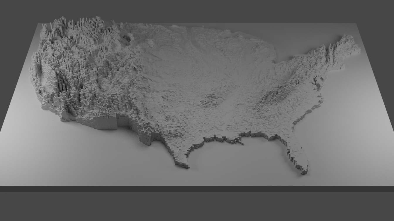 미국 지형 모형, 서쪽이 높고 가파르다.<br>출처: https://cults3d.com/en/3d-model/gadget/united-states-elevation-map