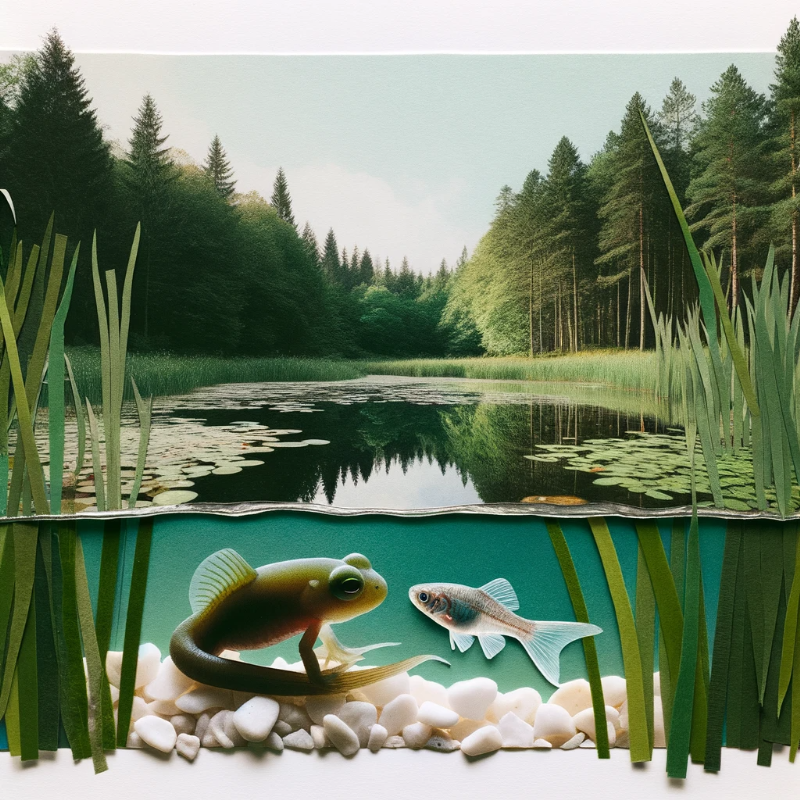 Collage artwork of a serene pond surrounded by tall grasses and dense woods. In the water, a small, energetic tadpole showcases its newly grown legs to a curious minnow. The scene should emphasize the beginning of change and the innocence of friendship, using generous white space around the pond.
