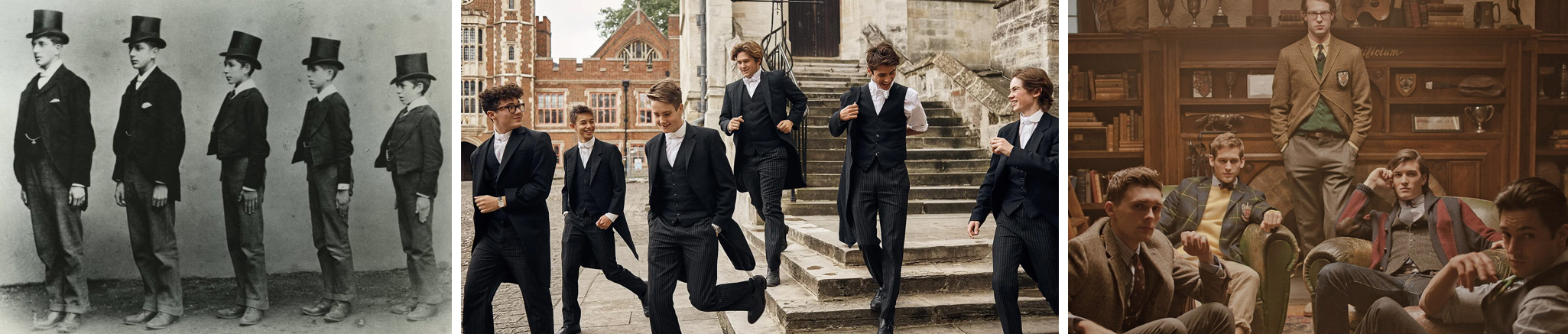   (좌) 이튼 칼리지 초기 교복들, Eton college collections   |   (중) 현대의 이튼 칼리지 교복, Economist    |   (우) 아이비 룩, BADHOMBRE