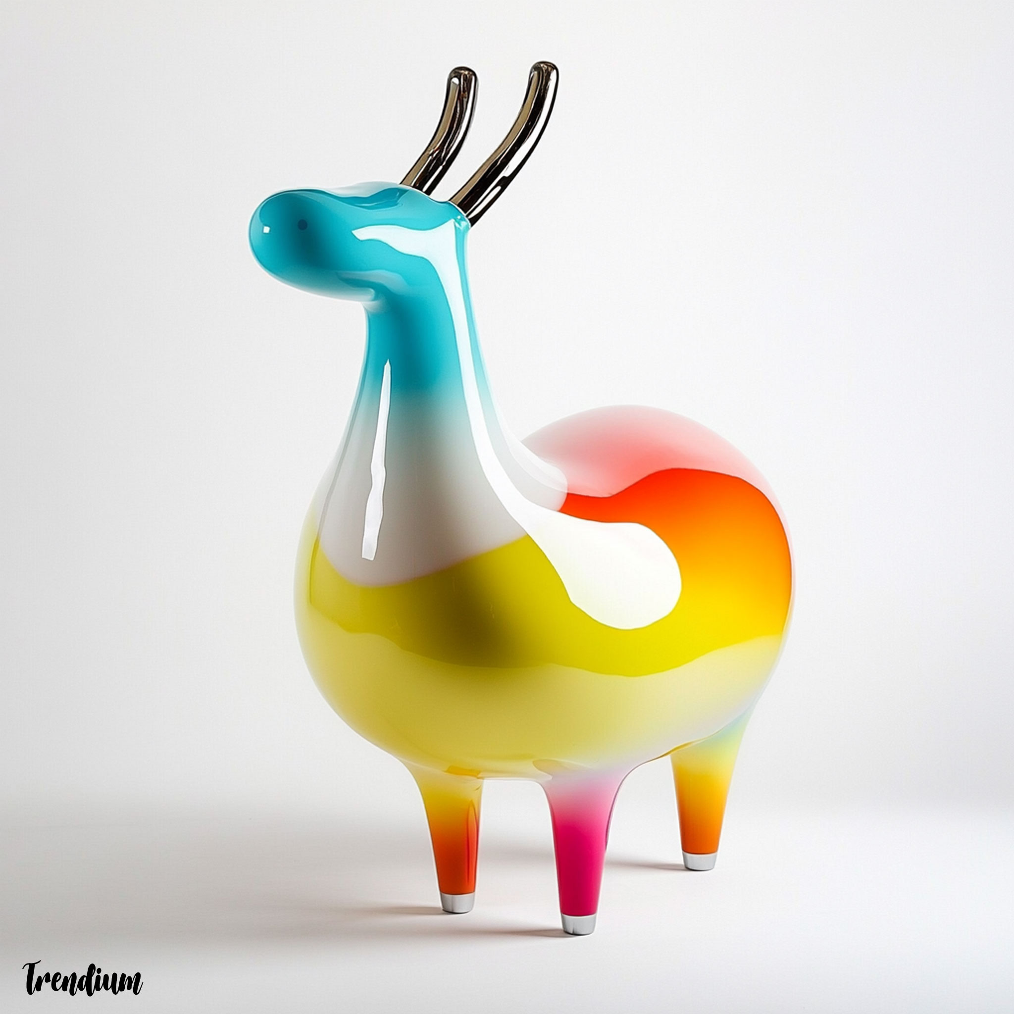 [prompt] Whimsical hybrid object, Jaime Hayon style, animal-inspired form, glass and metal accents, vibrant colors, artistic functionality, smooth glossy finish, minimalist background, studio lighting