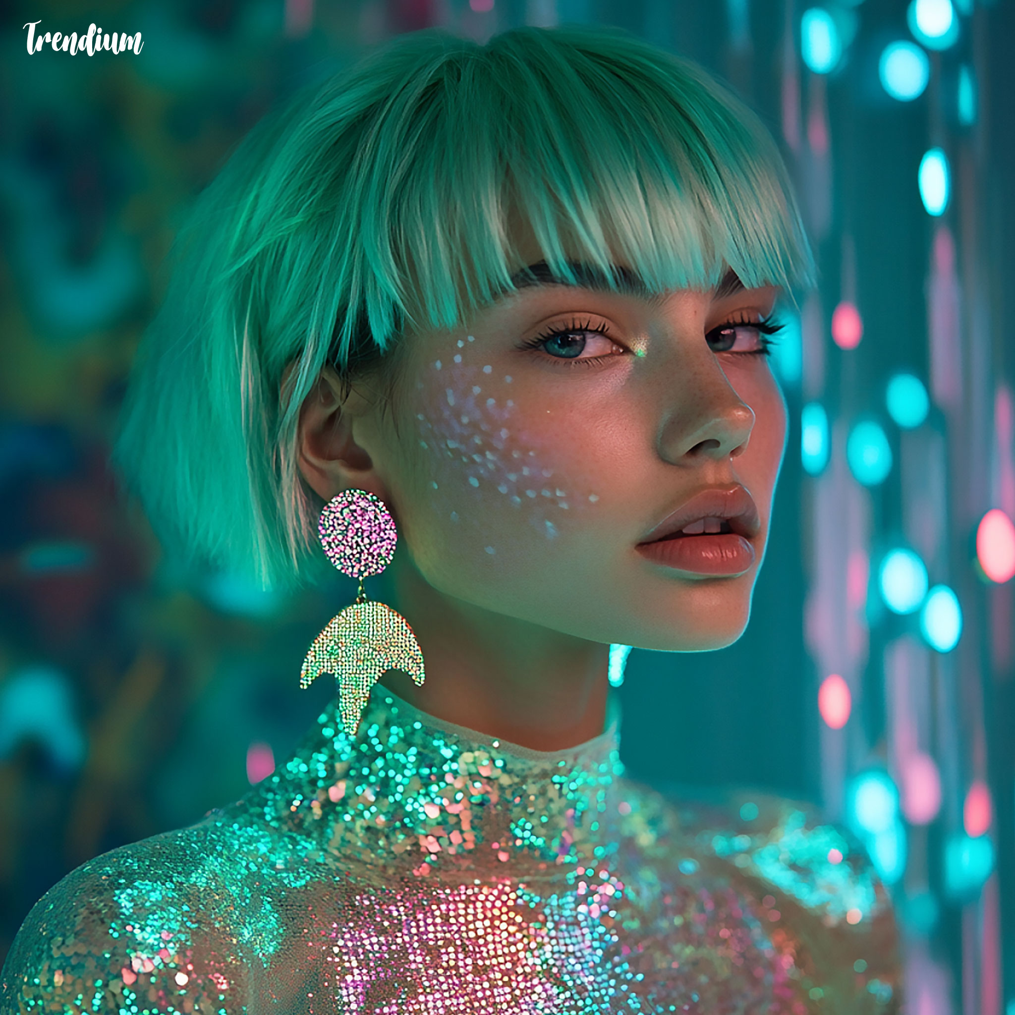 [prompt] Seapunk fashion editorial, model with mint green hair, holographic seashell top, pixelated dolphin earrings, underwater cyberpunk background, glowing coral, digital glitter aesthetic