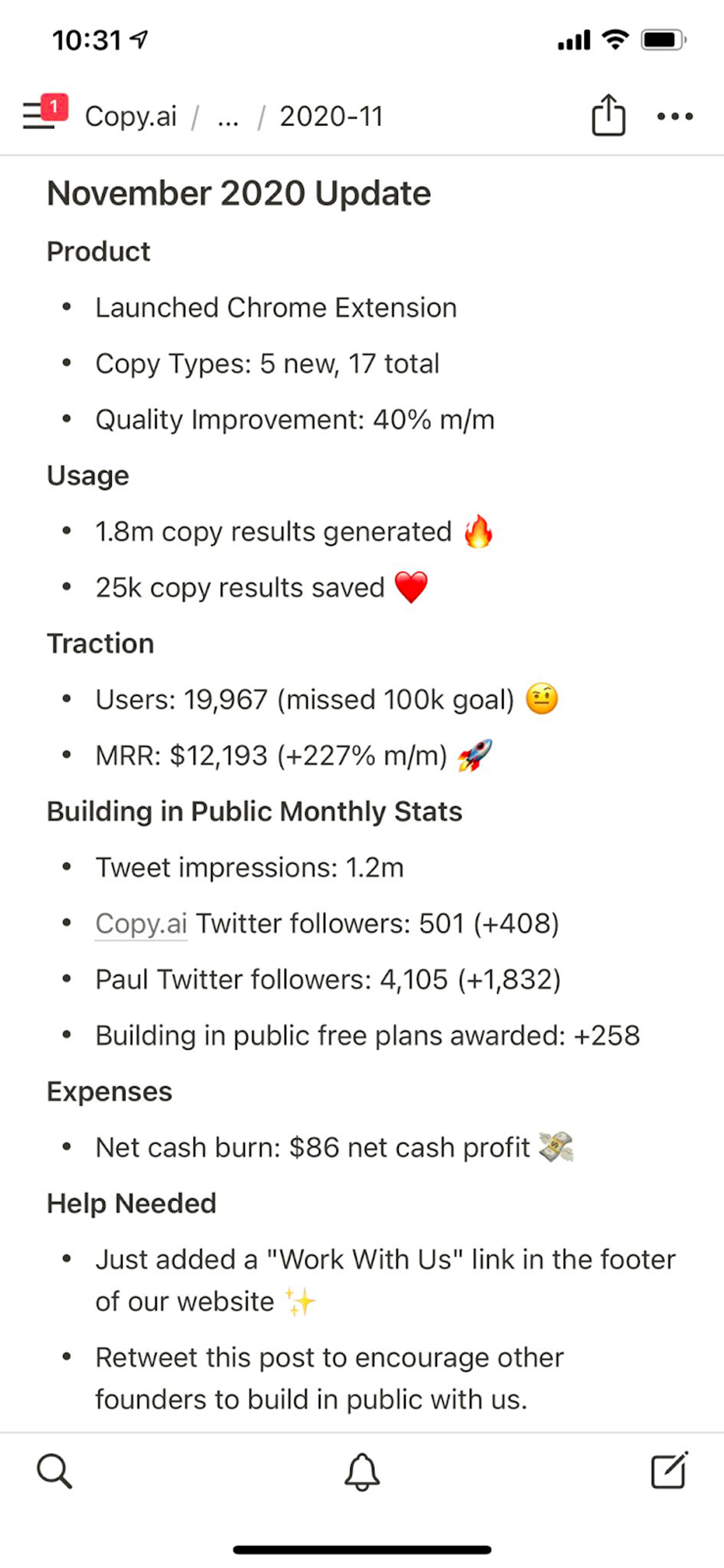 Copy.ai가 트위터에 공개했던 월별 투자자 업데이트