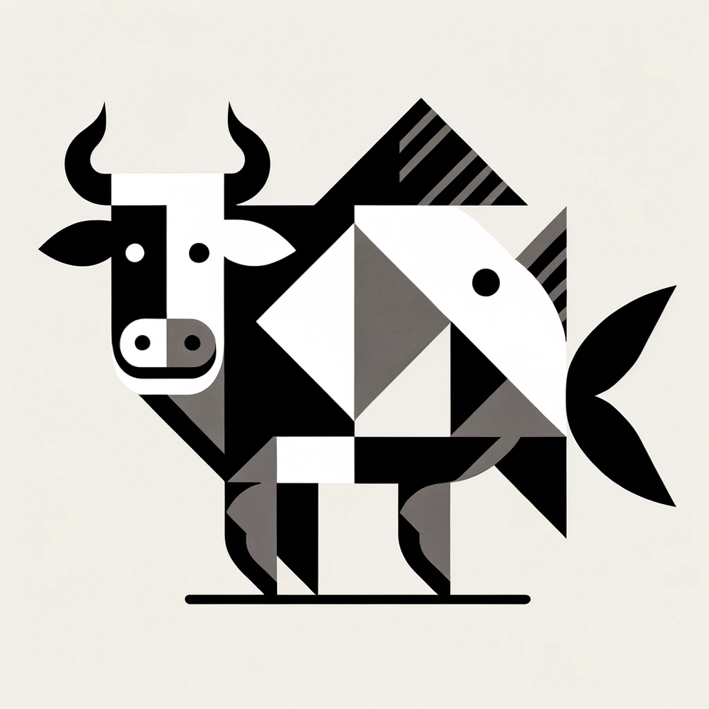 Modern minimalist design of a cow with fish characteristics. Focusing on geometric shapes and a monochromatic palette, capture the creature&#39;s essence. The cow&#39;s face, with a distinct horn, transitions into a fish body with four legs. The design should be sharp, using repetition in patterns or elements, and convey a sense of wonder at this unique fusion.